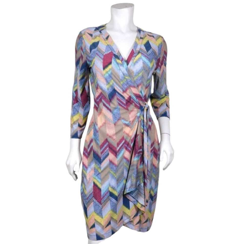 BCBGMAXAZRIA Geometric Zigzag Wrap Dress With 3/4" Sleeves M (2825)